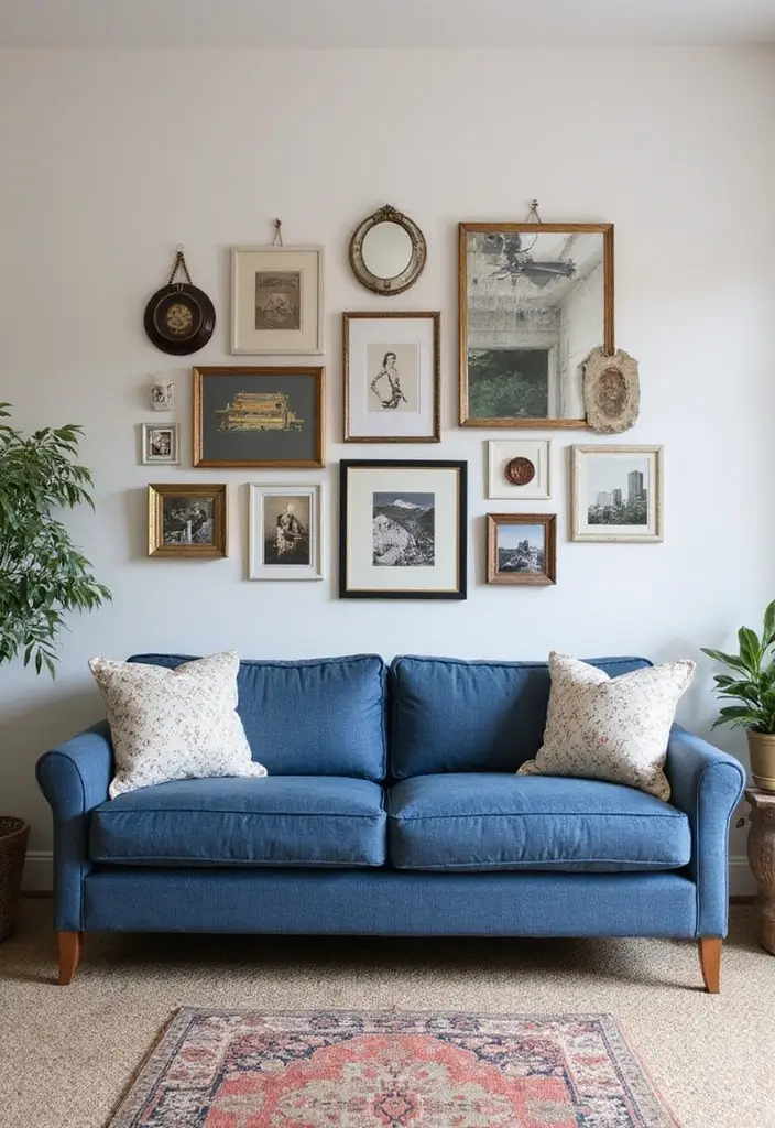 29 Denim Sofa Living Room Ideas That Feel Casual and Unique - 19. Personalized Gallery Wall