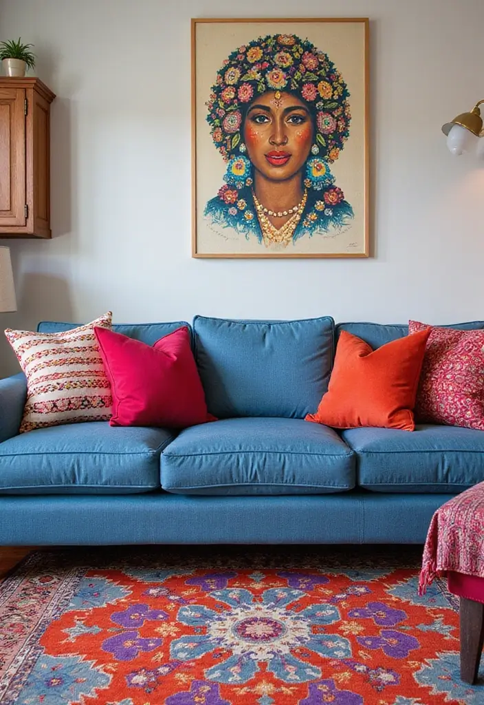 29 Denim Sofa Living Room Ideas That Feel Casual and Unique - 2. Go Bold with Colorful Accents