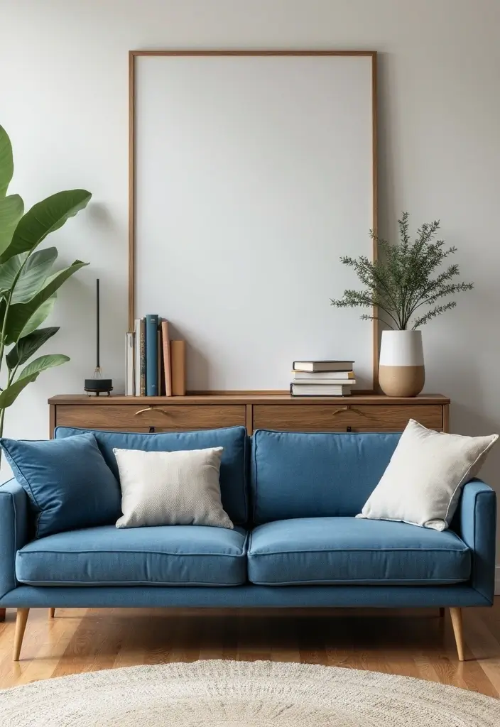 29 Denim Sofa Living Room Ideas That Feel Casual and Unique - 20. Console Styling