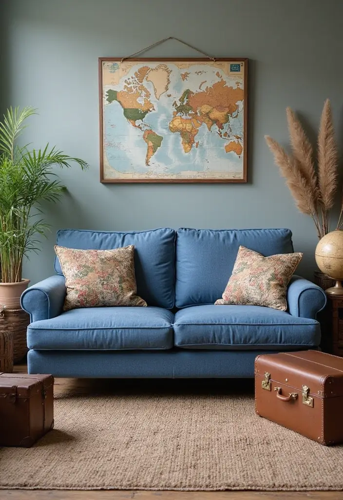 29 Denim Sofa Living Room Ideas That Feel Casual and Unique - 21. Vintage Travel Theme