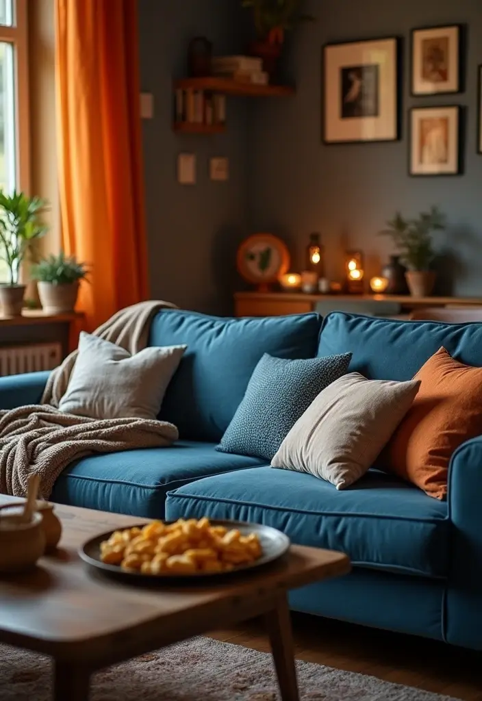 29 Denim Sofa Living Room Ideas That Feel Casual and Unique - 22. Cozy Movie Night Setup