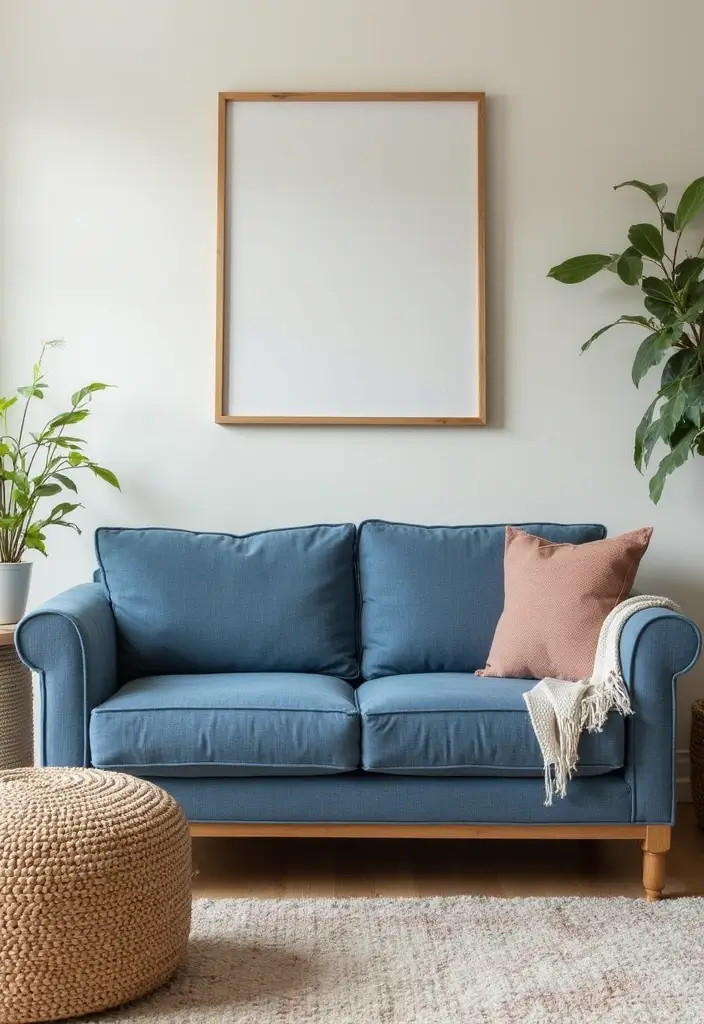 29 Denim Sofa Living Room Ideas That Feel Casual and Unique - 24. Smart Storage Solutions