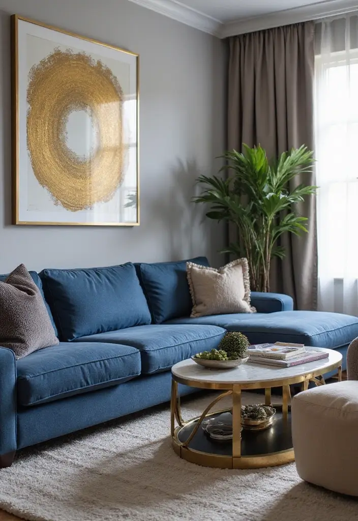 29 Denim Sofa Living Room Ideas That Feel Casual and Unique - 25. A Touch of Glam