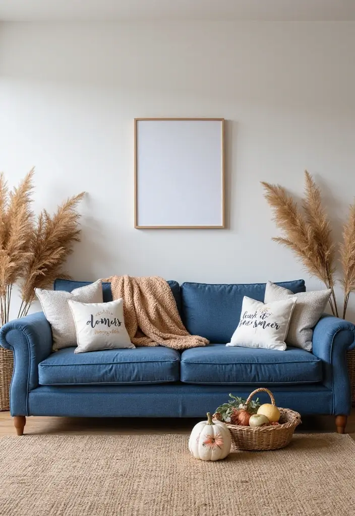 29 Denim Sofa Living Room Ideas That Feel Casual and Unique - 26. Seasonal Decor