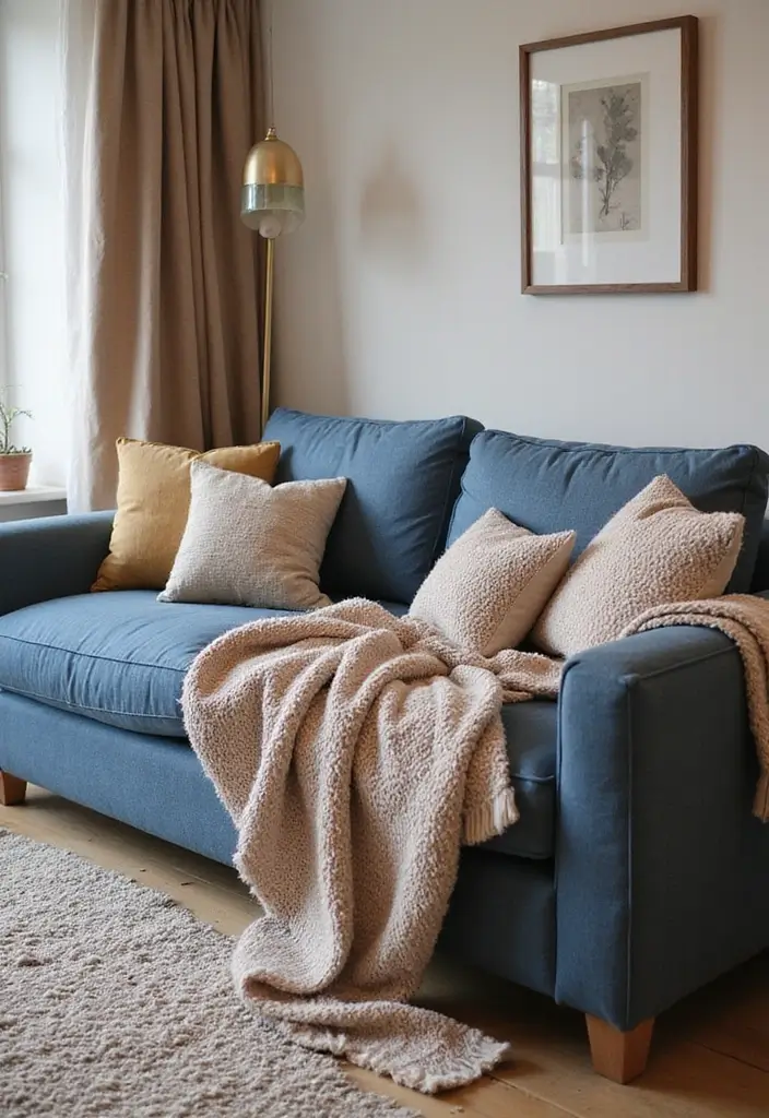 29 Denim Sofa Living Room Ideas That Feel Casual and Unique - 27. Layering Warmth