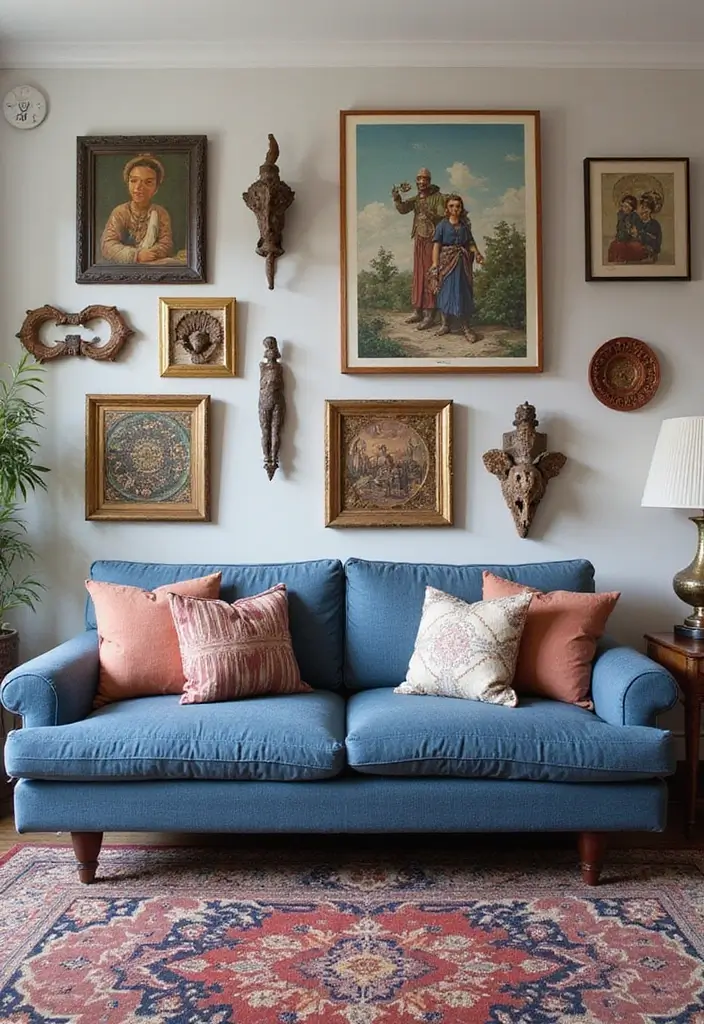 29 Denim Sofa Living Room Ideas That Feel Casual and Unique - 29. Unique Art Displays