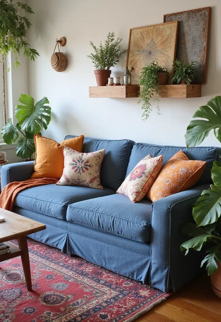 29 Denim Sofa Living Room Ideas That Feel Casual and Unique - 4. Cozy Bohemian Retreat