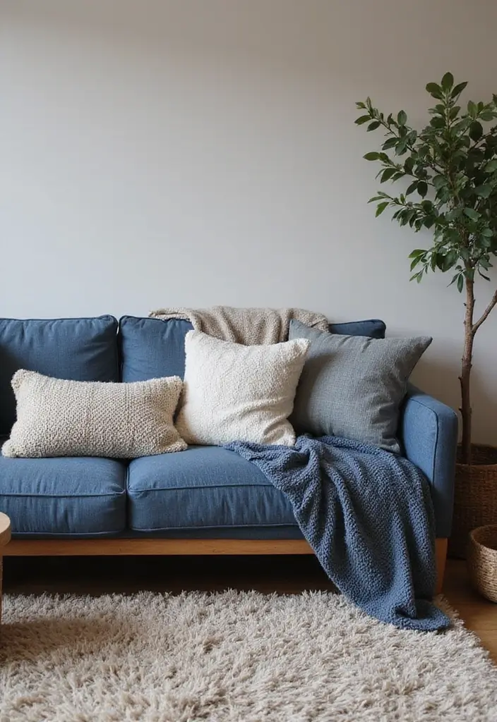 29 Denim Sofa Living Room Ideas That Feel Casual and Unique - 7. Textured Layering