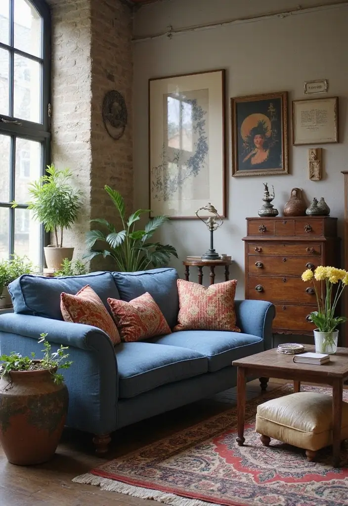 29 Denim Sofa Living Room Ideas That Feel Casual and Unique - 8. Vintage Inspired