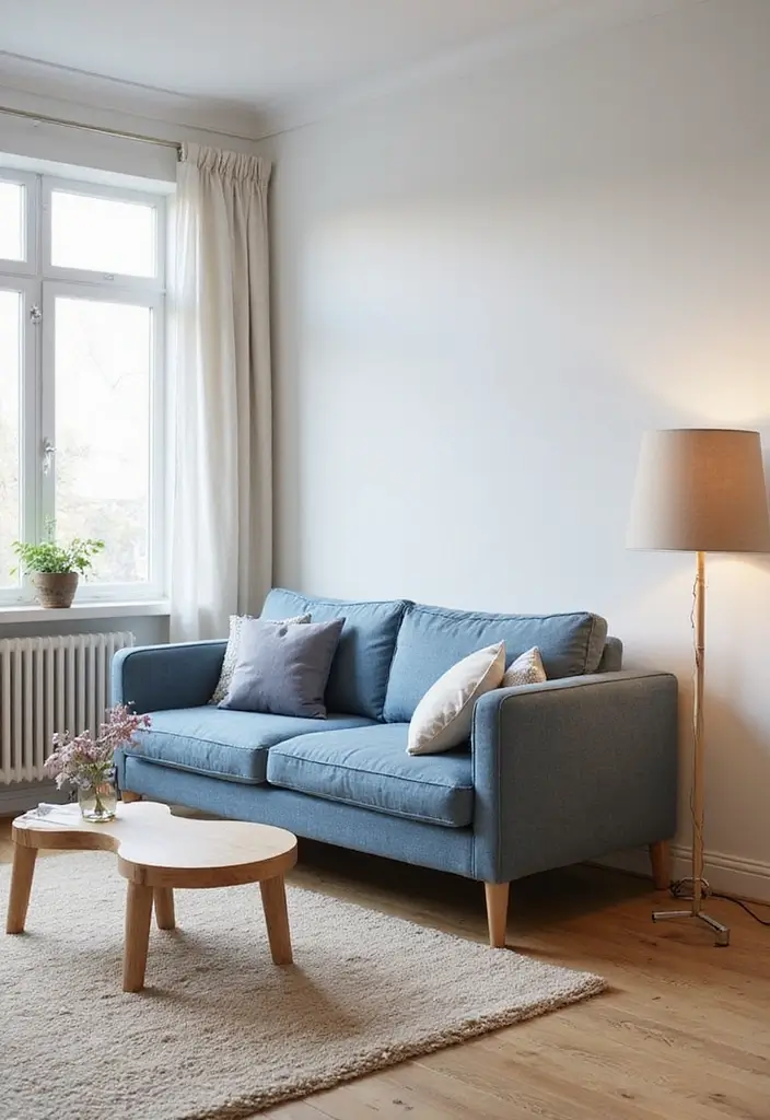 29 Denim Sofa Living Room Ideas That Feel Casual and Unique - 9. Scandinavian Simplicity