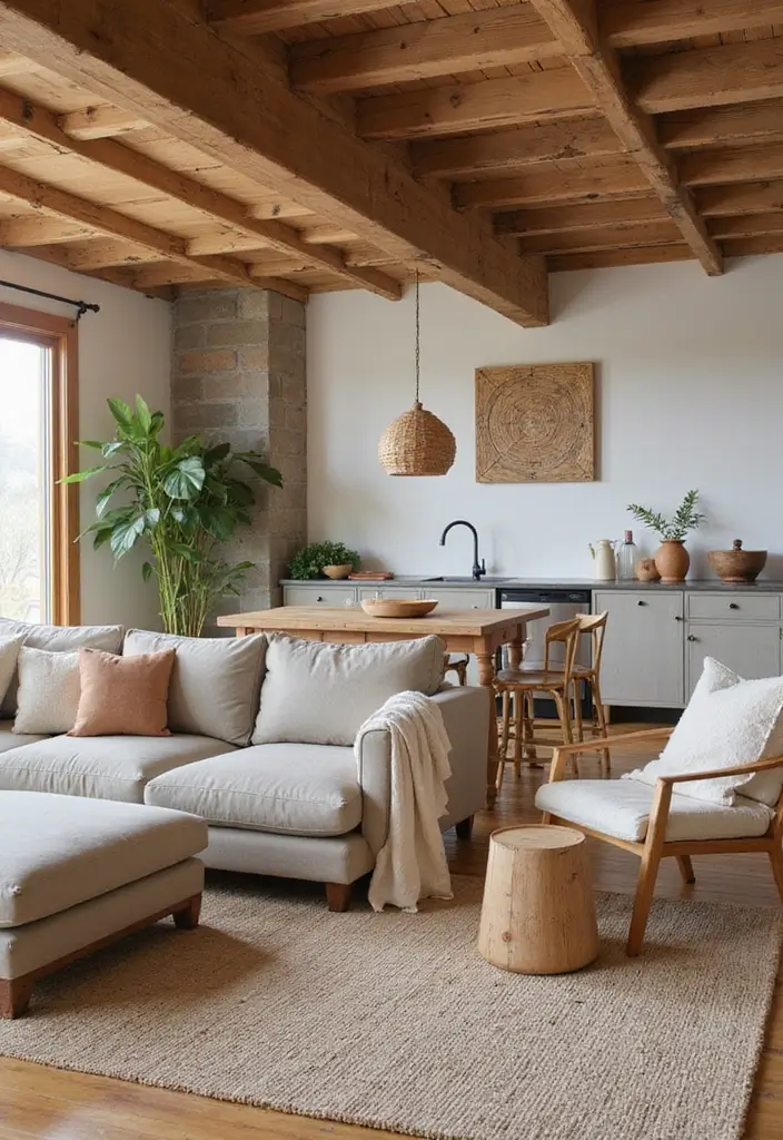 29 Home Decor Ideas Living Room and Kitchen That Tie Spaces Together - 1. Use Natural Materials