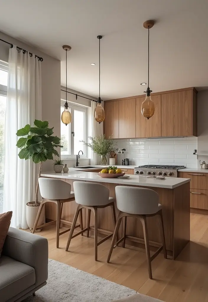 29 Home Decor Ideas Living Room and Kitchen That Tie Spaces Together - 20. Incorporate a Breakfast Bar