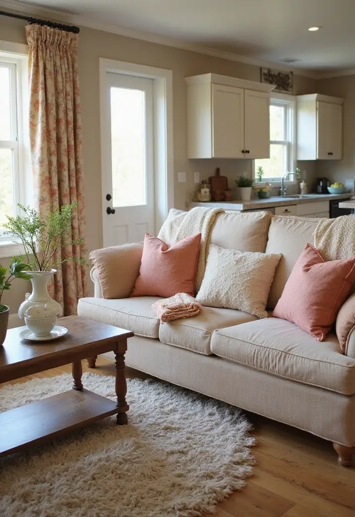 29 Home Decor Ideas Living Room and Kitchen That Tie Spaces Together - 22. Tie Textiles Together