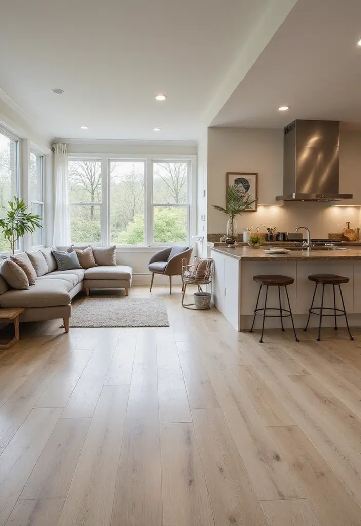 29 Home Decor Ideas Living Room and Kitchen That Tie Spaces Together - 24. Use a Consistent Flooring Design