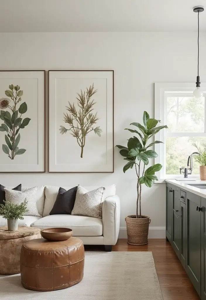 29 Home Decor Ideas Living Room and Kitchen That Tie Spaces Together - 25. Utilize Wall Art to Create Flow