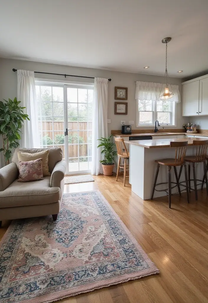 29 Home Decor Ideas Living Room and Kitchen That Tie Spaces Together - 7. Create Zones with Rugs