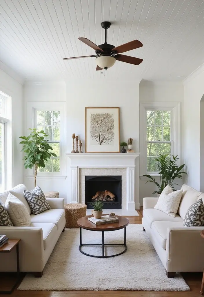 29 Living Room Ceiling Design Modern With Fan Ideas That Feel Airy and Stylish - 1. Sleek White Beadboard with a Modern Ceiling Fan