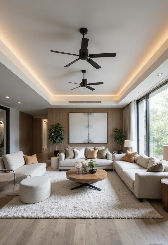 29 Living Room Ceiling Design Modern With Fan Ideas That Feel Airy and Stylish - 10. Floating Ceiling Designs with Sleek Fans