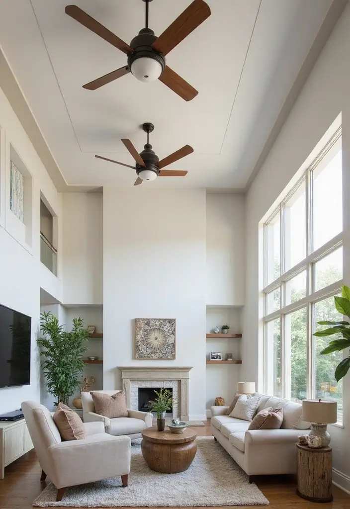 29 Living Room Ceiling Design Modern With Fan Ideas That Feel Airy and Stylish - 11. Layered Ceiling Heights with Contemporary Fans
