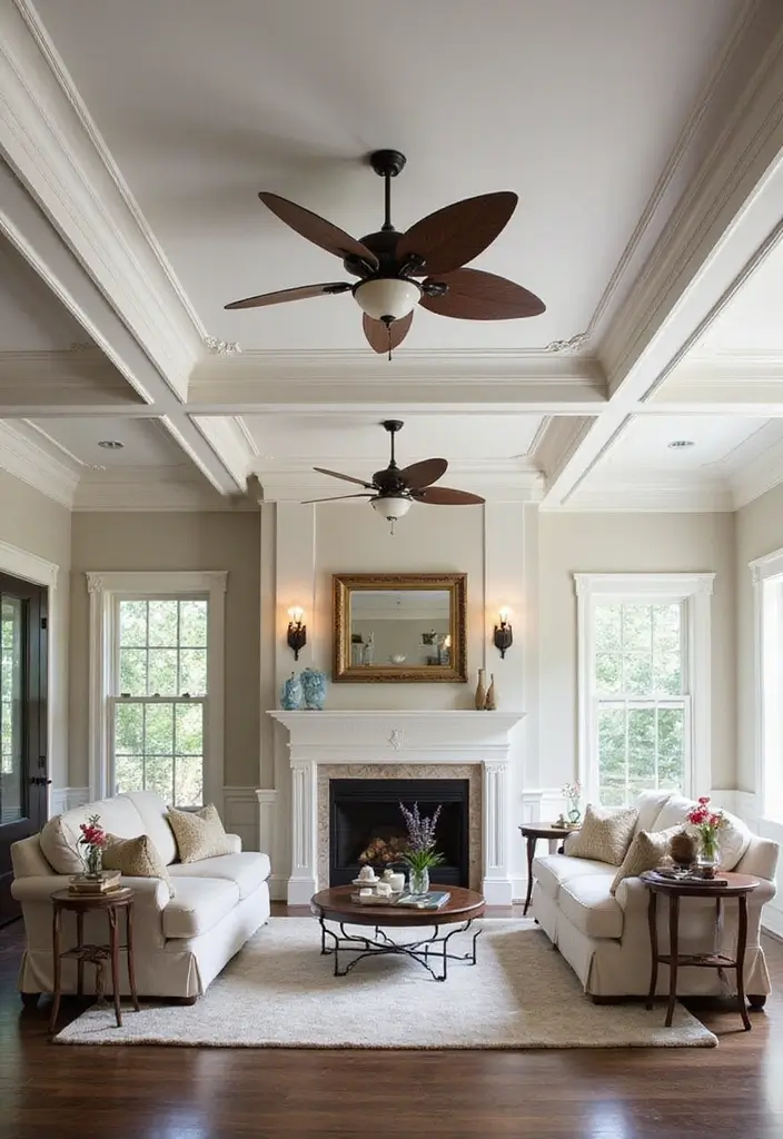 29 Living Room Ceiling Design Modern With Fan Ideas That Feel Airy and Stylish - 12. Decorative Moldings with Elegant Fans