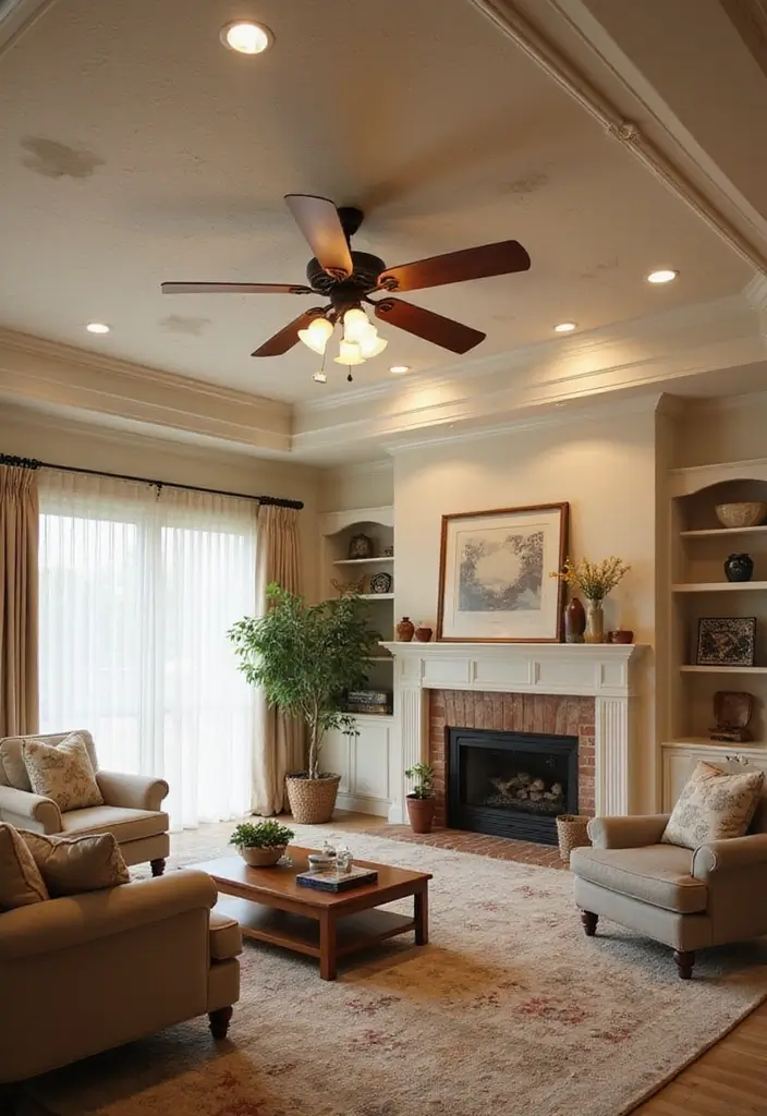 29 Living Room Ceiling Design Modern With Fan Ideas That Feel Airy and Stylish - 13. Soft-Ceiling Tiles with Ambient Fans