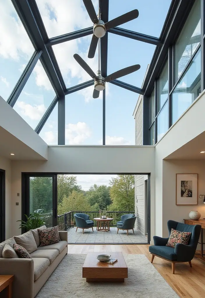 29 Living Room Ceiling Design Modern With Fan Ideas That Feel Airy and Stylish - 14. Glass Ceilings with Modern Fans