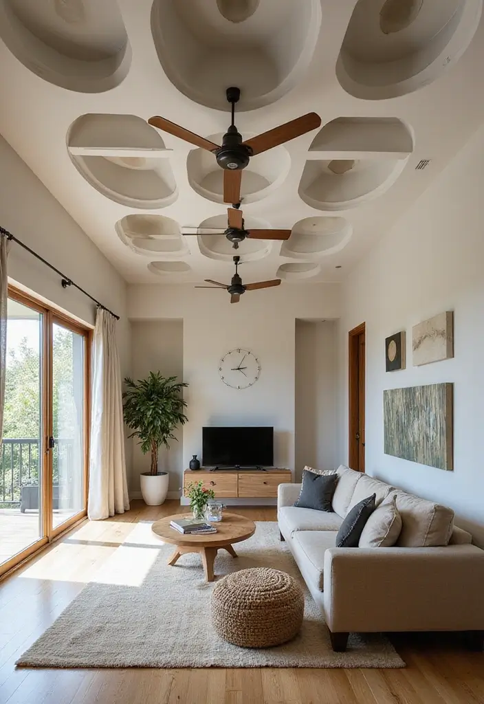 29 Living Room Ceiling Design Modern With Fan Ideas That Feel Airy and Stylish - 16. Multi-Functional Ceiling Designs with Built-In Fans