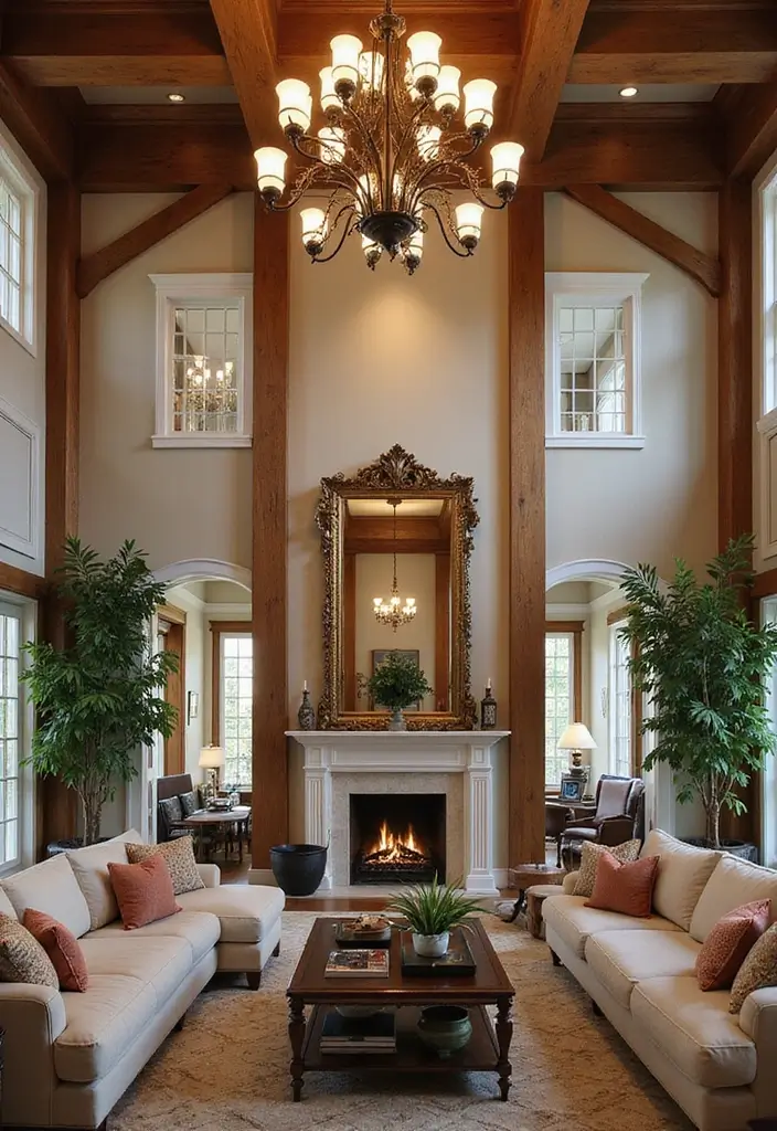 29 Living Room Ceiling Design Modern With Fan Ideas That Feel Airy and Stylish - 17. Dramatic Chandelier Fans with High Ceilings