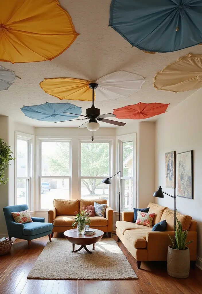 29 Living Room Ceiling Design Modern With Fan Ideas That Feel Airy and Stylish - 18. Creative Fabric Ceilings with Fun Fans