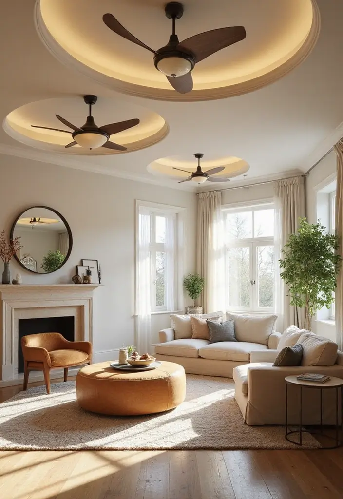 29 Living Room Ceiling Design Modern With Fan Ideas That Feel Airy and Stylish - 19. Circular Ceiling Designs with Unique Fans