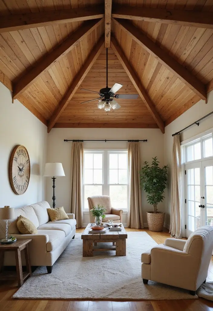 29 Living Room Ceiling Design Modern With Fan Ideas That Feel Airy and Stylish - 2. Geometric Wood Ceiling with Rustic Fan