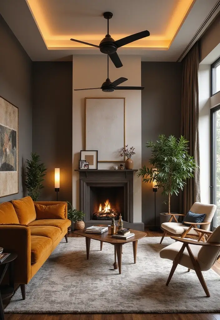 29 Living Room Ceiling Design Modern With Fan Ideas That Feel Airy and Stylish - 22. Layered Lighting with Stylish Fans