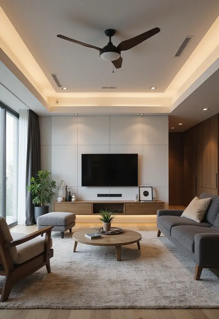 29 Living Room Ceiling Design Modern With Fan Ideas That Feel Airy and Stylish - 23. Smart Ceiling Designs with Tech-Savvy Fans