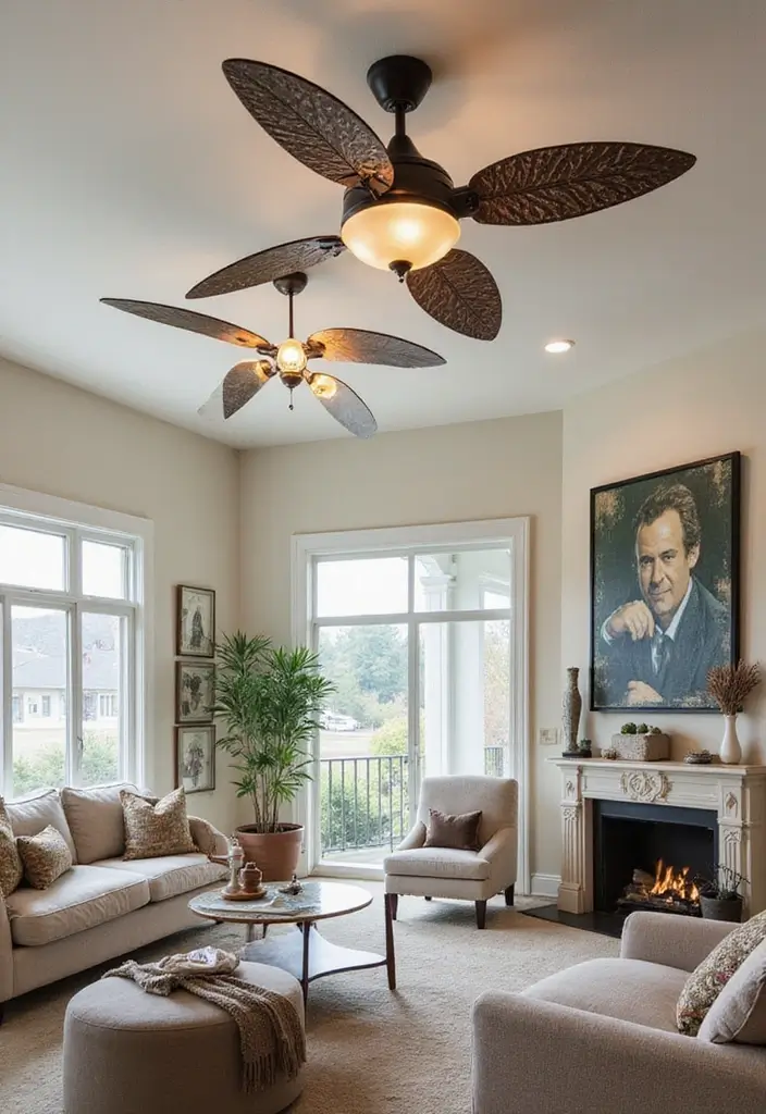 29 Living Room Ceiling Design Modern With Fan Ideas That Feel Airy and Stylish - 24. Artistic Ceiling Fans with Textured Finishes