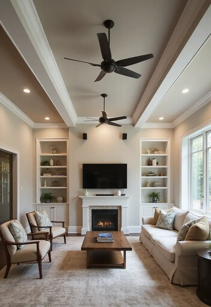 29 Living Room Ceiling Design Modern With Fan Ideas That Feel Airy and Stylish - 25. Ceiling Treatments with Integrated Sound Systems