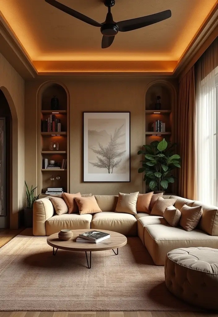 29 Living Room Ceiling Design Modern With Fan Ideas That Feel Airy and Stylish - 26. Ceiling Niches with Ambient Fans