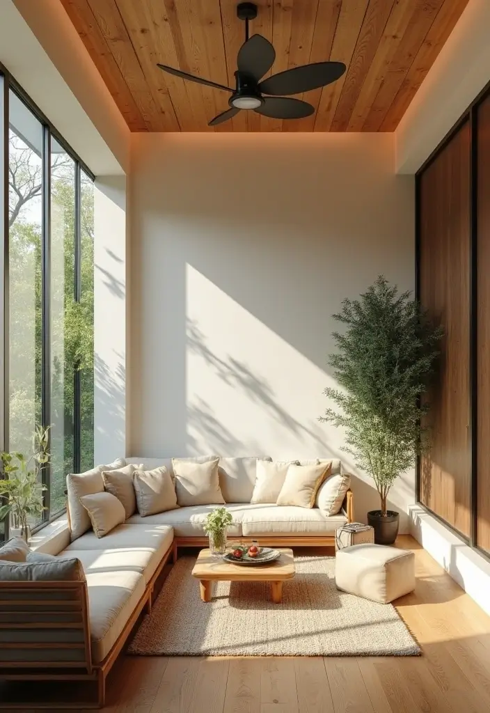 29 Living Room Ceiling Design Modern With Fan Ideas That Feel Airy and Stylish - 28. Eco-Conscious Ceiling Designs with Low-Flow Fans