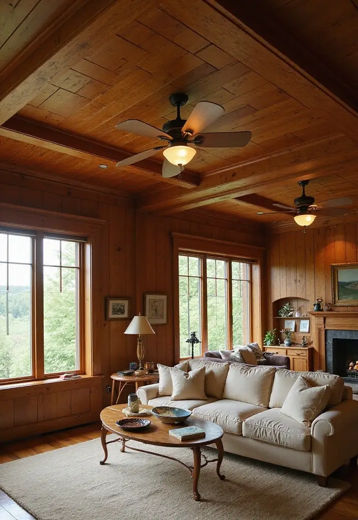 29 Living Room Ceiling Design Modern With Fan Ideas That Feel Airy and Stylish - 29. Layered Wooden Ceilings with Classic Fans