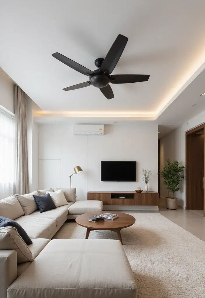 29 Living Room Ceiling Design Modern With Fan Ideas That Feel Airy and Stylish - 3. Minimalistic Flat Ceiling with Integrated Fans