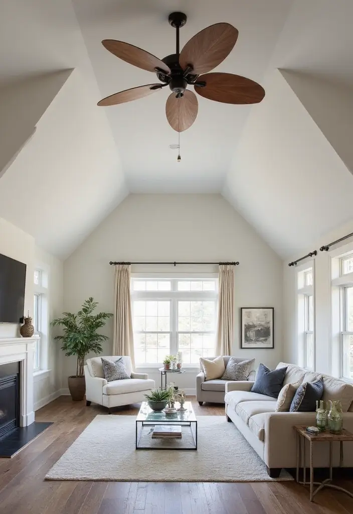 29 Living Room Ceiling Design Modern With Fan Ideas That Feel Airy and Stylish - 4. Vaulted Ceilings with Statement Fans