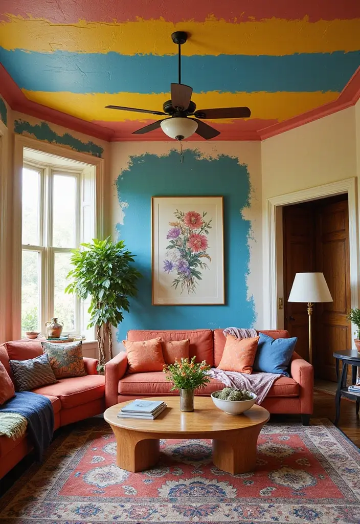 29 Living Room Ceiling Design Modern With Fan Ideas That Feel Airy and Stylish - 5. Colorful Painted Ceilings with Chic Fans