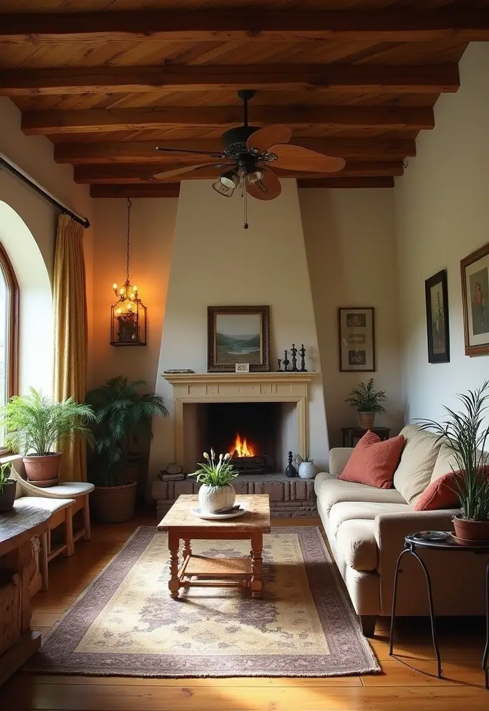 29 Living Room Ceiling Design Modern With Fan Ideas That Feel Airy and Stylish - 6. Rustic Beam Ceilings with Vintage Fans