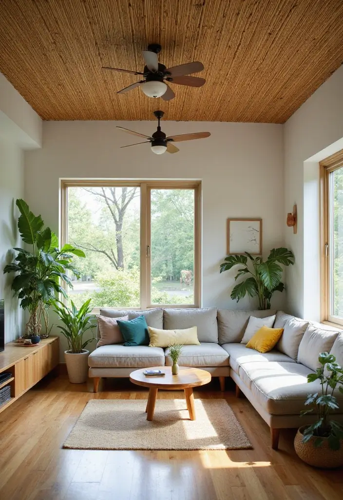 29 Living Room Ceiling Design Modern With Fan Ideas That Feel Airy and Stylish - 7. Eco-Friendly Bamboo Ceilings with Airy Fans
