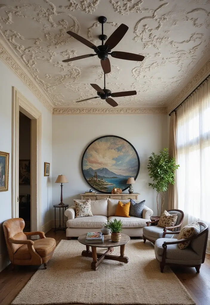 29 Living Room Ceiling Design Modern With Fan Ideas That Feel Airy and Stylish - 8. Artistic Plaster Ceilings with Designer Fans