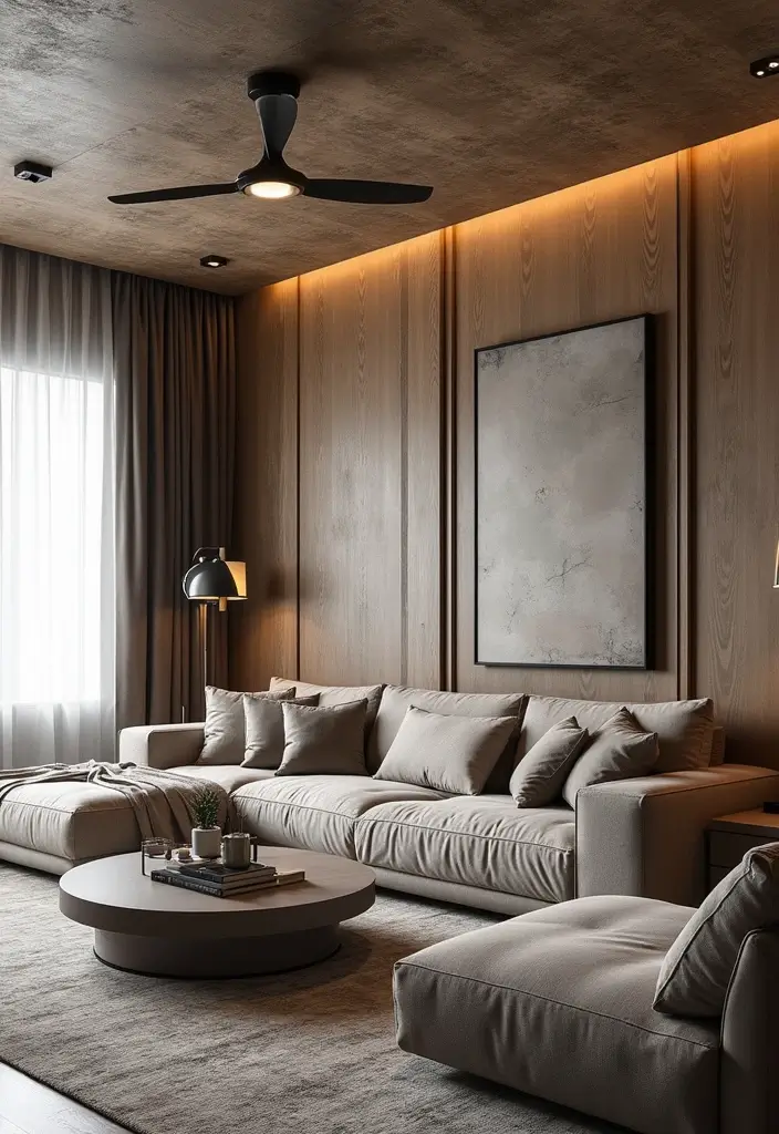 29 Living Room Ceiling Design Modern With Fan Ideas That Feel Airy and Stylish - 9. Textured Ceiling Panels with Industrial Fans