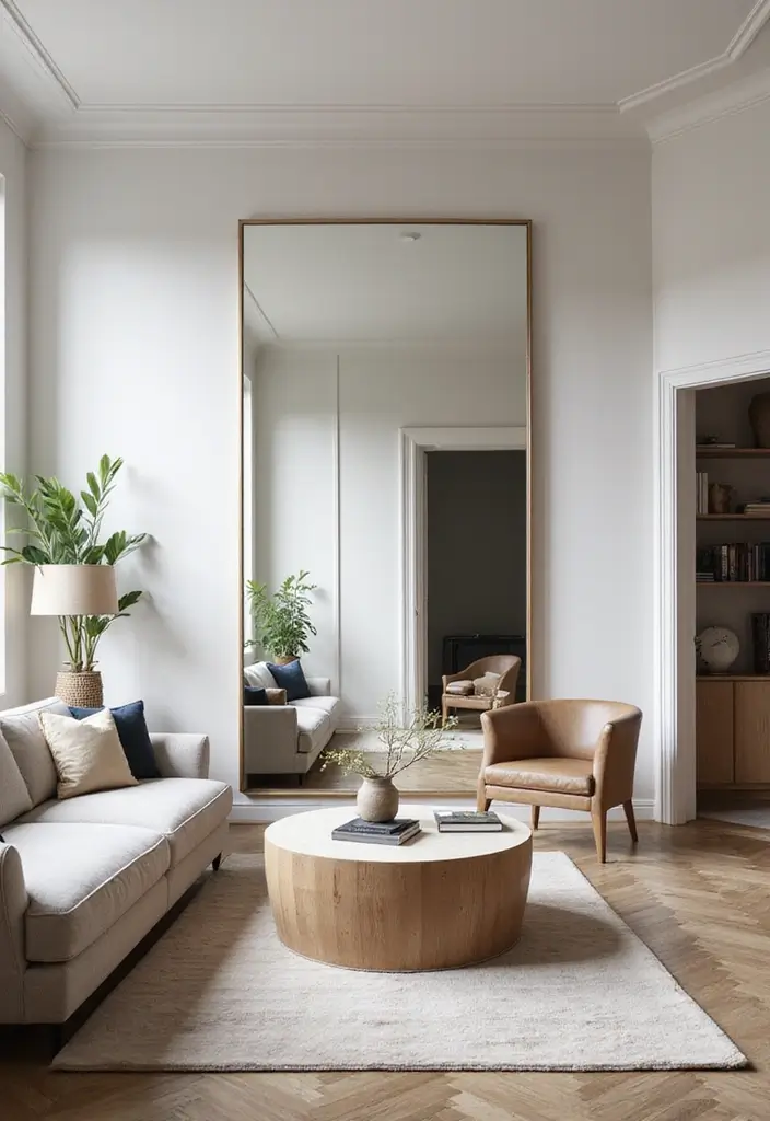 29 Living Room Objects Decor Ideas That Feel Minimal and Functional - 14. Statement Mirror