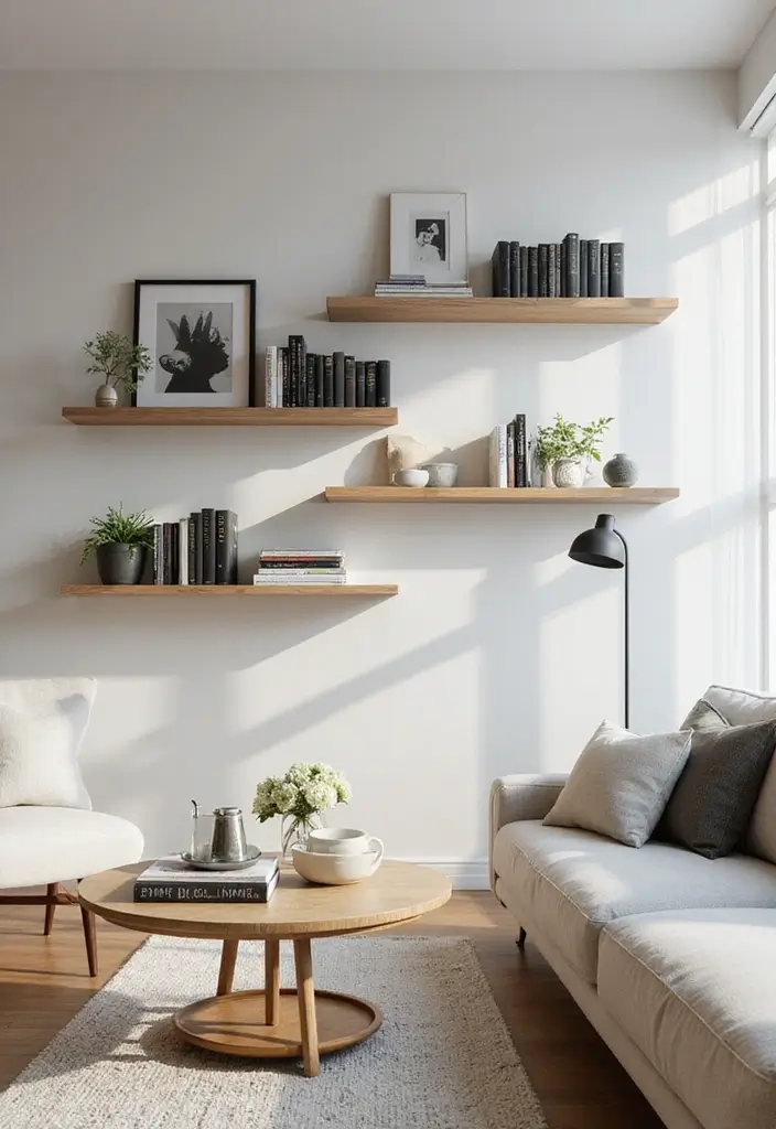 29 Living Room Objects Decor Ideas That Feel Minimal and Functional - 18. Unique Floating Shelves
