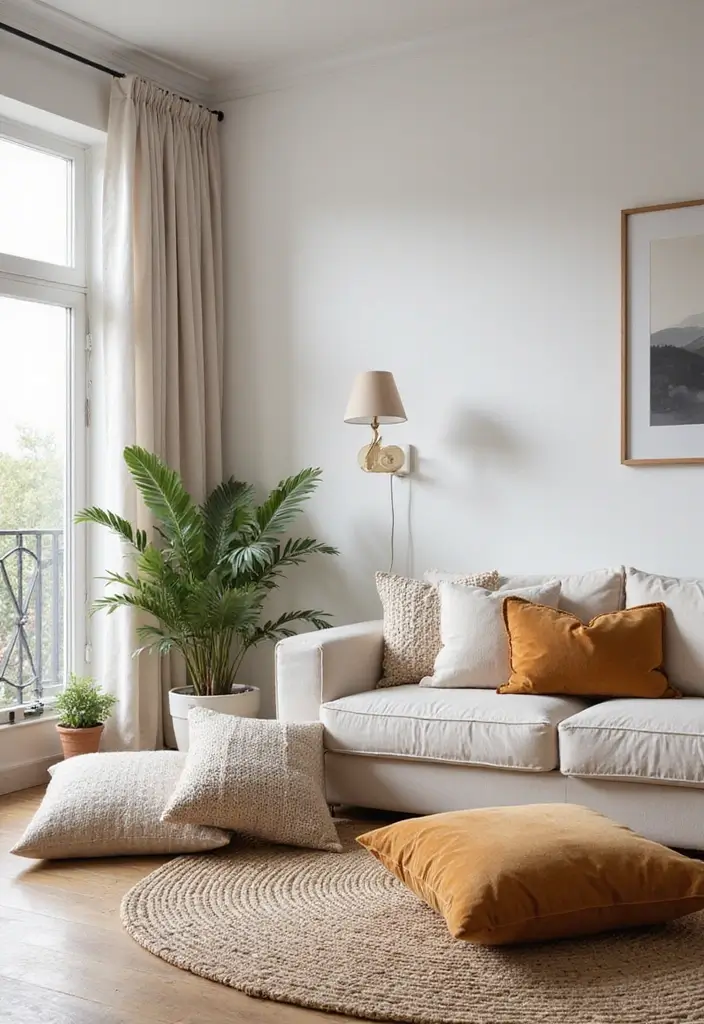 29 Living Room Objects Decor Ideas That Feel Minimal and Functional - 19. Stylish Floor Cushions