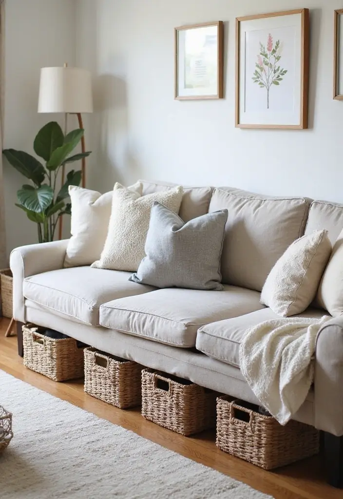 29 Living Room Objects Decor Ideas That Feel Minimal and Functional - 24. Simple Throw Pillow Storage