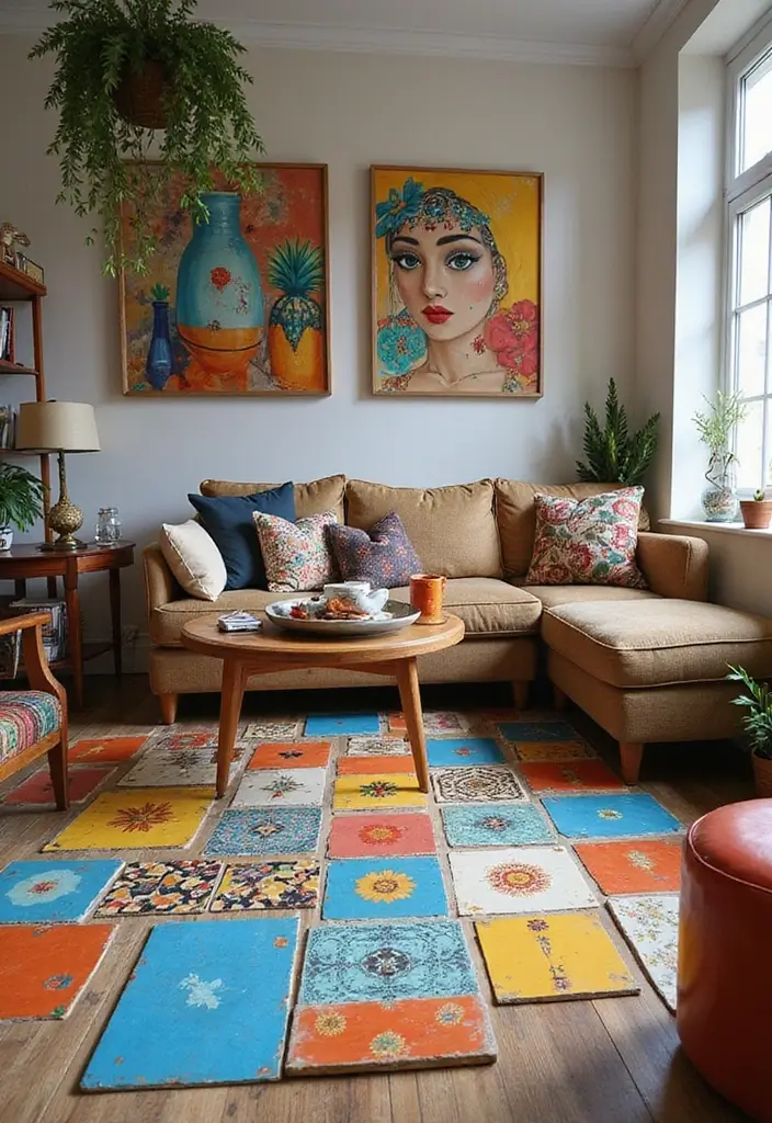 29 Living Room Tiles Design Ideas That Add Texture and Style - 15. Artistic Tile Layouts for Personal Expression